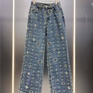 LOUIS VUITTON Patterned Blue Denim Wide-Leg Jeans